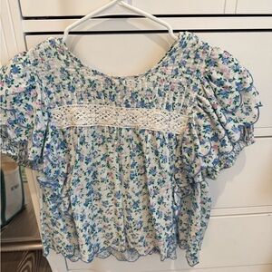 LoveShackFancy Blue Floral Lace Blouse